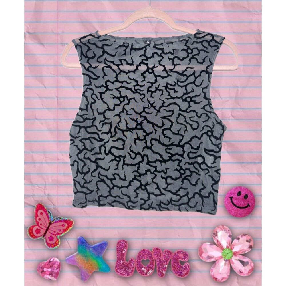 Y2K Black Tribal Print Sheer Mesh Crop Top